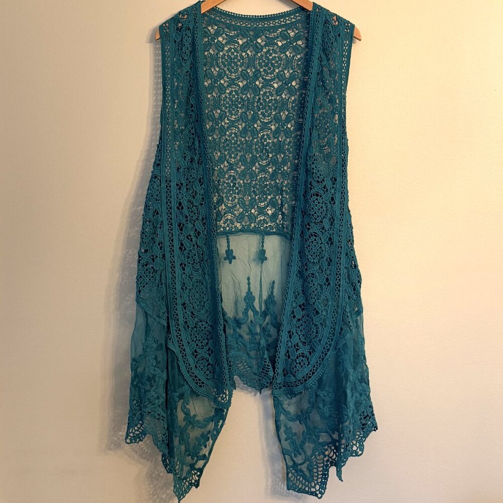Women's Teal Lace Boho Sleeveless Kimono